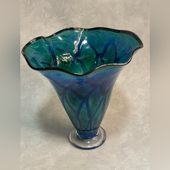 Blue-Green Tall Wave Glass Vase by The Glass Forge 10” Tall - Picture 2 of 5